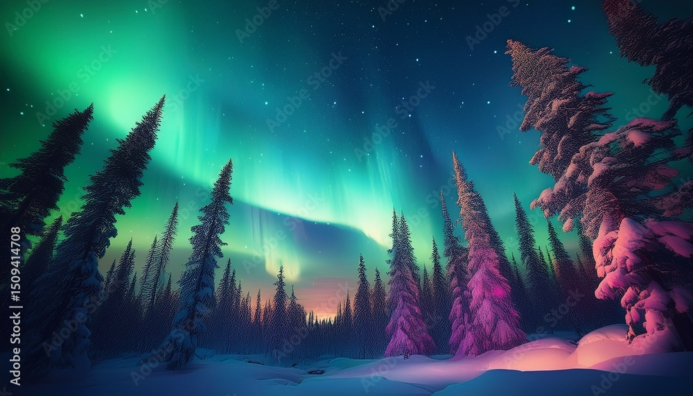 Naklejka premium northern lights dancing above a dense forest of coniferous trees casting an ethereal glow over the landscape flim