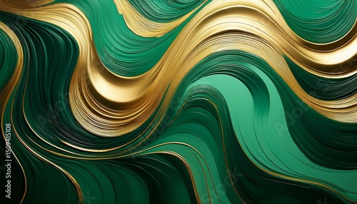 abstract green and gold swirl pattern in fluid motion showcasing smooth waves and curves