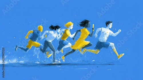 Dynamic Group of Runners in a Relay Race Sports Action Scene Blue Background Yellow and Whit