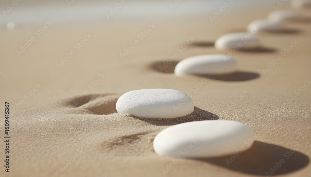 White stones on sand with pattern, space for text. Zen, meditation, harmony White stones on sand with pattern, space for text. Zen, meditation, harmony