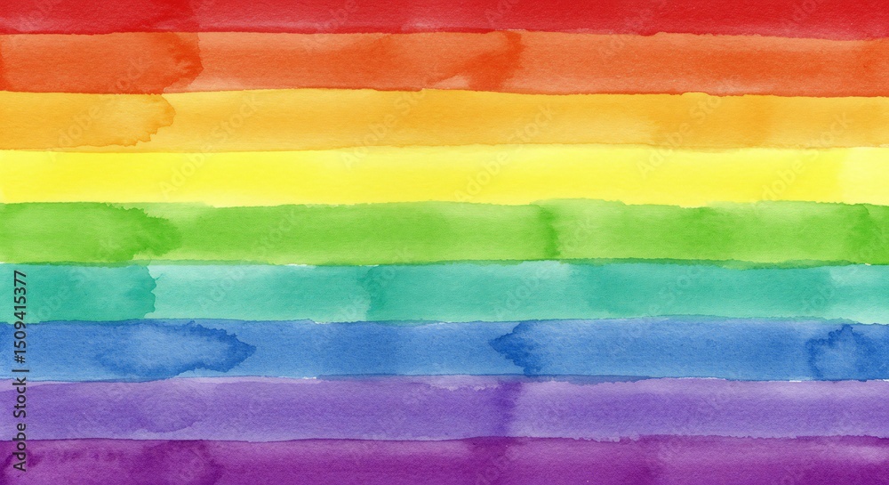 Obraz premium Watercolor painting of rainbow stripes, featuring red, orange, yellow, green, blue, and violet. Soft transitions between colors provide a harmonious and joyful tone, emphasizing diversity.