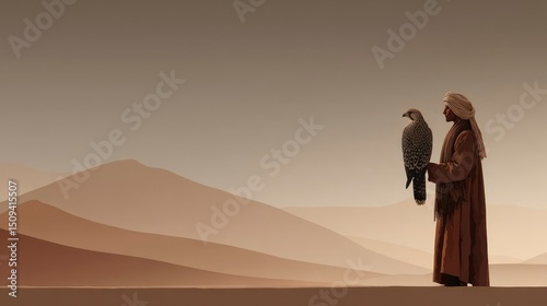 Desert Falconry A Traditional Hunter with a Bird of Prey in a Serene Sand Dune Landscape