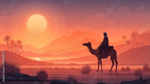 Desert Sunset with Camel Rider and Palm Trees Landscape Illustration for Adventure and Nature