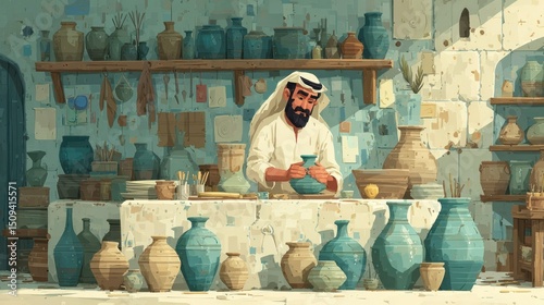 Craftsman in Traditional Attire Working with Pottery in a Vibrant Workshop Setting