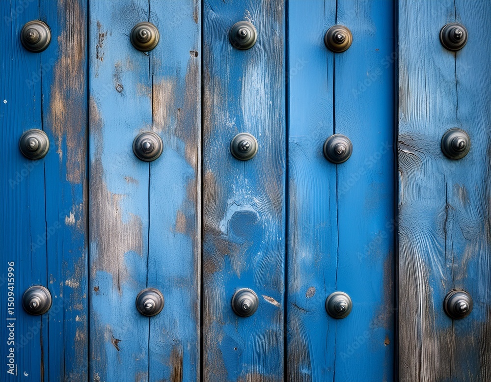 Fototapeta premium weathered wooden wall with blue paint and round metal knobs showcasing rustic charm and texture