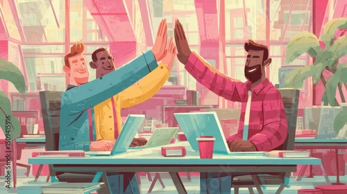 Colleagues Celebrating Success in a Modern Office Environment with HighFives and Laptops