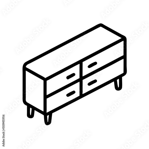 Modern minimalist sideboard with four drawers in black line art, icon, vector