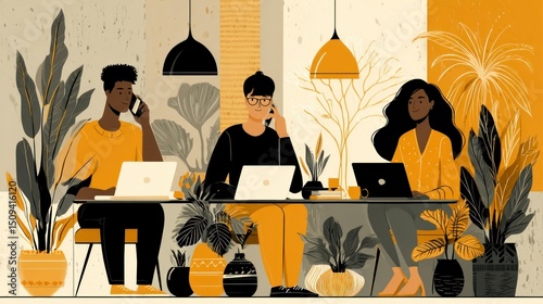 Collaborative Workspace with Diverse Individuals Engaged in Remote Work and Communication Surr