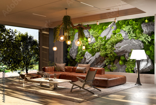 Sunlit Living Room with Green Wall & Outdoor View