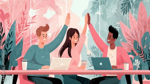 Collaborative Teamwork in a Tropical Office Setting with Laptops and HighFives