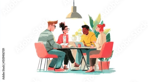 Collaborative Team Meeting Around a Table with Laptops and Notes