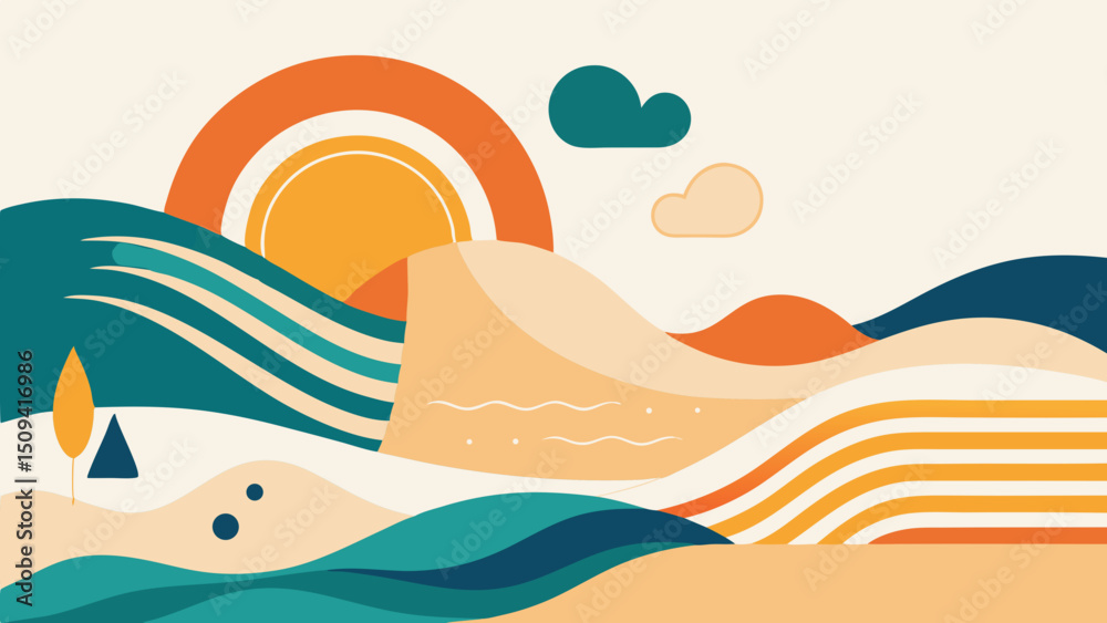 Naklejka premium Abstract landscape illustration with sun, waves, and hills in summer