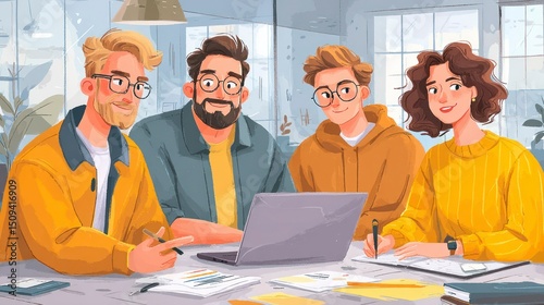 Collaborative Team Meeting Around a Laptop in a Modern Office Setting