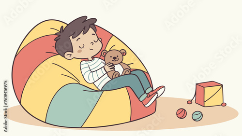 Young boy sleeping on colorful beanbag while holding teddy bear  
