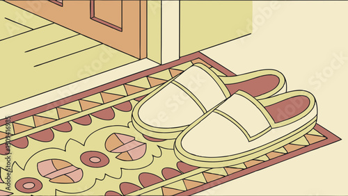 Soft slippers placed on a patterned rug at the entrance door  