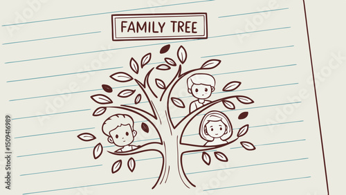 Simple family tree sketch with characters on lined paper 