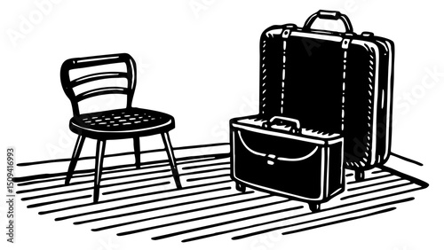Suitcase and briefcase placed beside wooden chair on floor