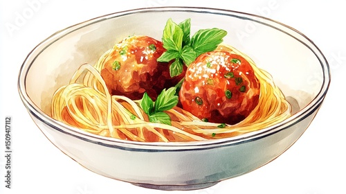 Watercolor illustration of spaghetti with meatballs and fresh mint in a clear glass bowl.
