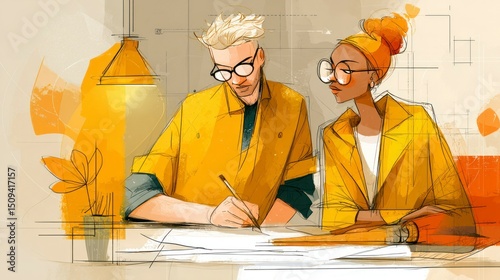 Collaborative Designers in Vibrant Workspace Focused on Creative Planning and Sketching with W