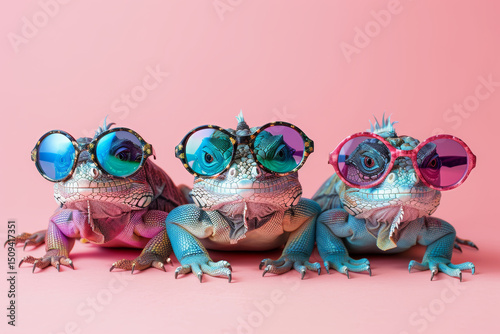 Stylish iguana reptile friends group in sunglass on solid vibrant backdrop for advertising campaigns