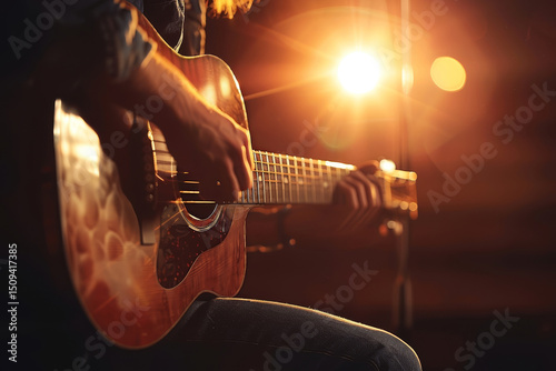 Musician on stage playing guitar in warm lighting, close up shot with blurred background