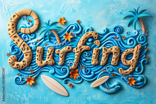 Text Surfing with surfboards, waves, palm trees on turquoise background in vibrant flat design