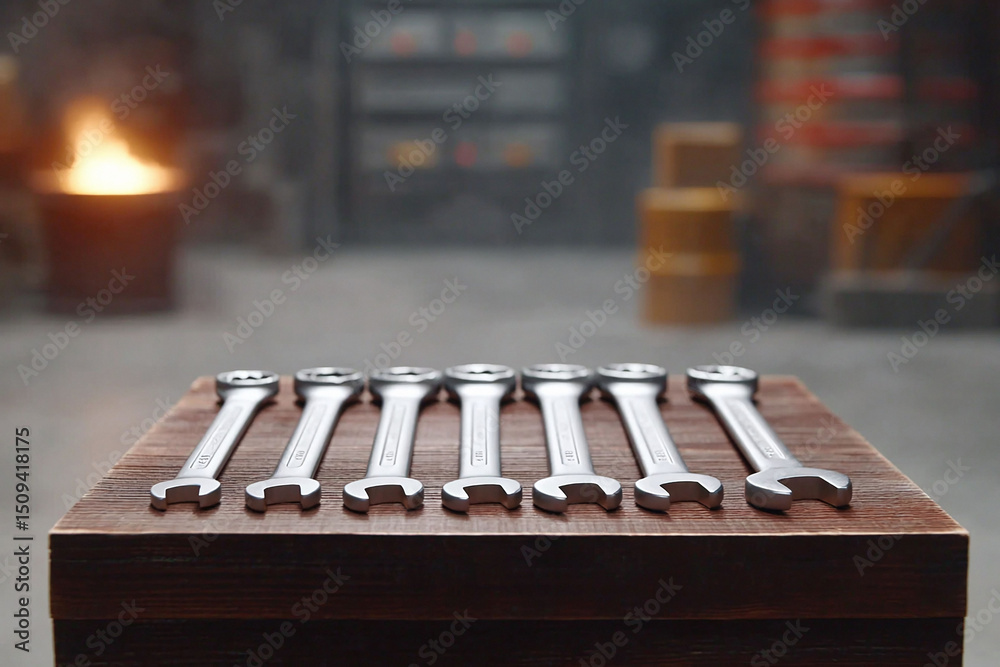 Naklejka premium Silver wrenches aligned on wood surface in workshop, fire burning in background. Concept engineering, mechanics, repair, industry. Great for blogs and advertising.
