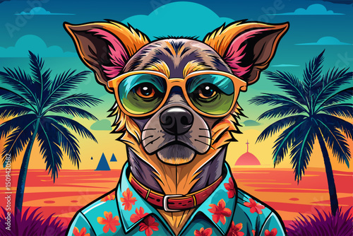 Portrait of Dog Wearing Sunglasses and a Hawaiian Shirt illustration cartoon vector background