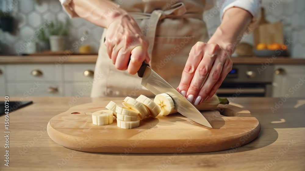female hands cutting raw fresh banana with knife in modern kitchen
