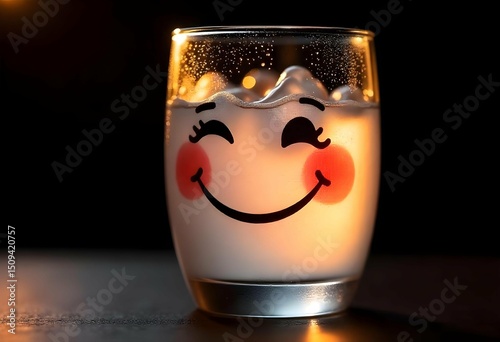 Macro shot of a glass with a playful facial expression drawn in condensation — frosted texture, soft lighting, high detail, isolated background, imaginative take on inanimate object emotion