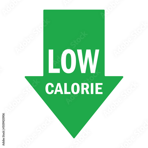 Low Calorie green arrow on white background vector illustration. Low cal food icon, for packaging of low calories diet products green arrow down. Healthy lifestyle concept. EPS 10