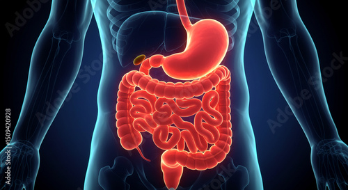 A human body with a visible digestive system including stomach and intestines on a blue background