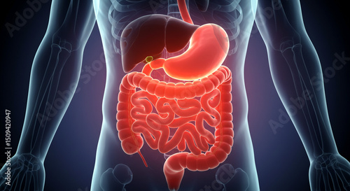 Illustration of human torso with transparent skin showing digestive system and internal organs