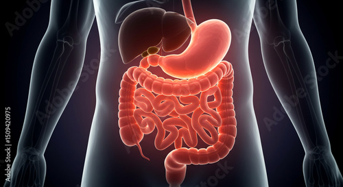 Illustration of human digestive system including stomach liver and intestines in the body outline