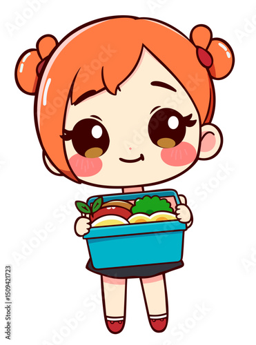 Cute redhead girl holding bento box. Vector isolated illustration