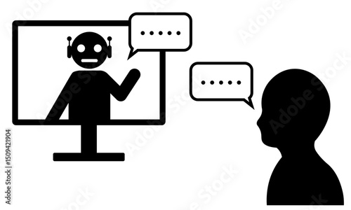 モニター内の人工知能と会話するシルエットイラスト