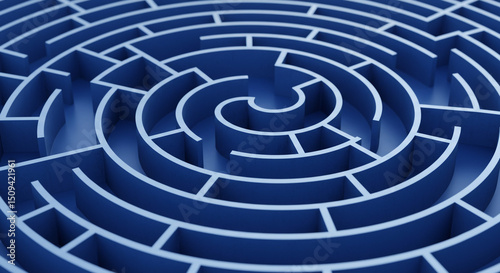 A close up view of a circular blue maze with a complex and intricate design pattern on a white background