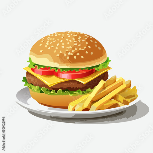 A classic pub-style burger and fries, illustrated with juicy details and warm tones in a clean vector style.