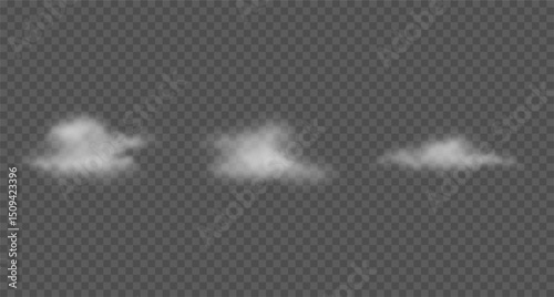 3d white cotton clouds, floating smoke, mist. Vector illustration. Set of various semi transparent steam clouds, haze isolated on transparent background