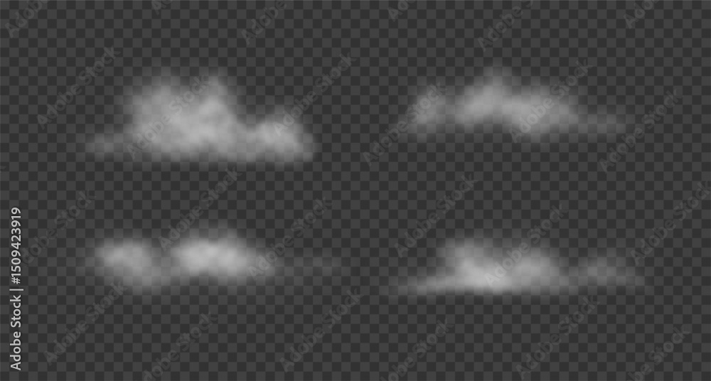 Realistic white cotton clouds, floating smoke, mist. Set of vector semi transparent steam clouds isolated on transparent background