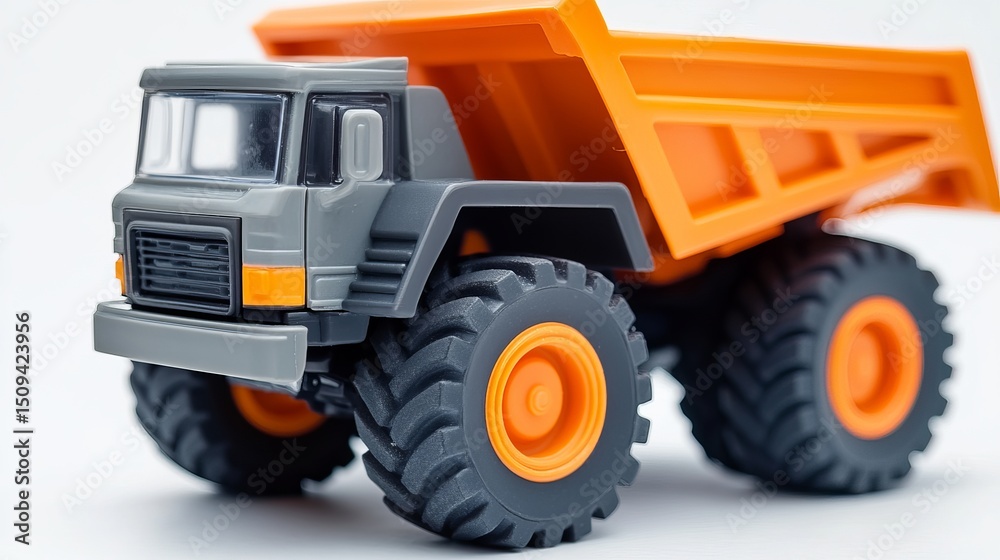 Fototapeta premium Orange and Gray Toy Dump Truck Model Powerful Construction Vehicle Playful Kids Toy Realistic Detailed Design Strong Wheels Durable Plastic Material Heavy Duty Transport Fun
