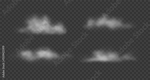 Realistic white cotton clouds, floating smoke, mist. Set of vector semi transparent steam clouds isolated on transparent background