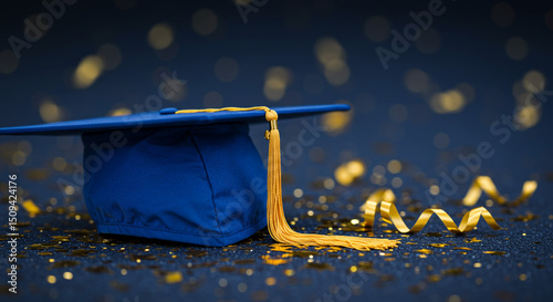 Close up of a blue graduation cap with a gold tassel and confetti on a dark blue background celebration