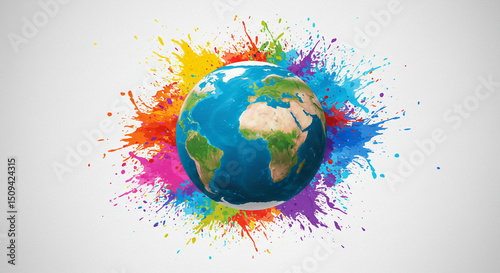 A colorful earth globe surrounded by vibrant paint splatters against a white background illustration