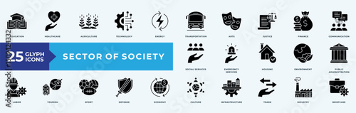 Sector of society collection set with education, healthcare, agriculture, technology, energy, transportation, arts, justice, finance, communication, social services