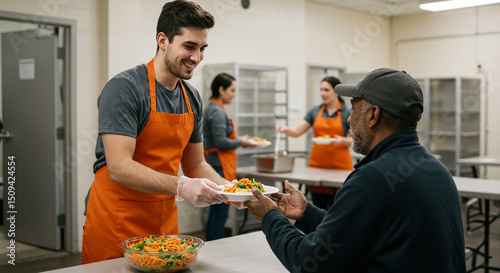 Volunteer handing a plate of food to a person at a food bank with other volunteers in the background