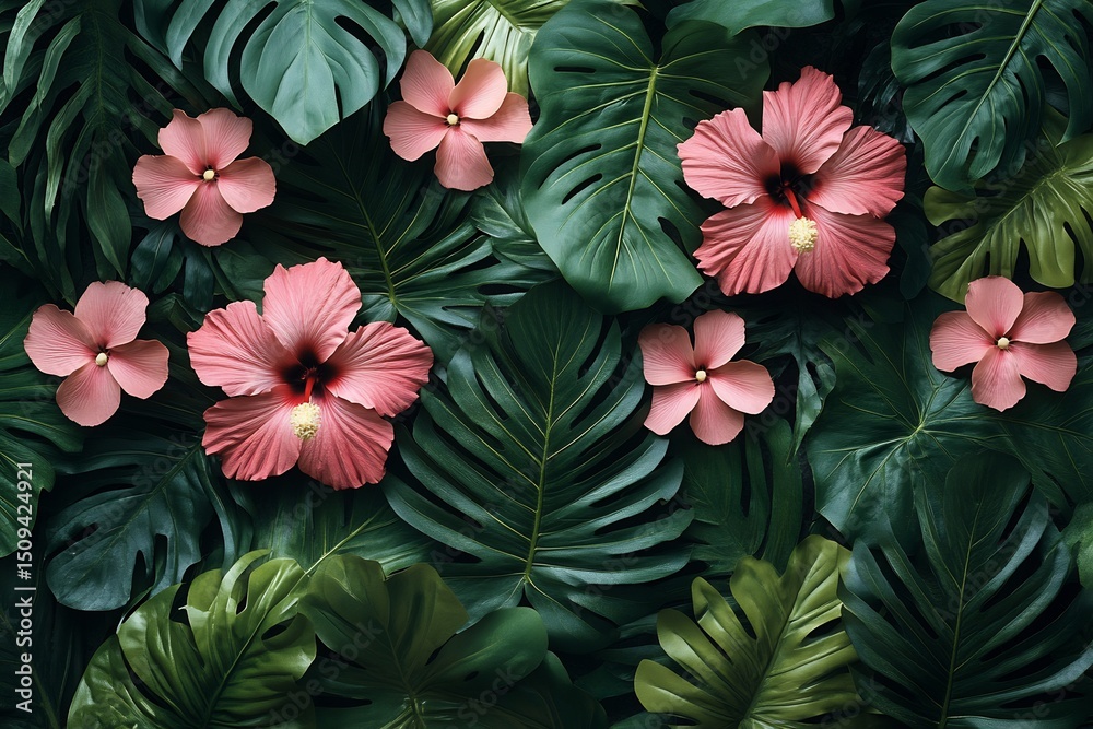 custom made wallpaper toronto digitalVibrant tropical flowers wallpaper pink hibiscus and green leaves bright and lush botanical theme for lively backgrounds