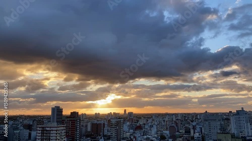 Timelapse of moving clouds at sunset over Buenos Aires city, Argentina