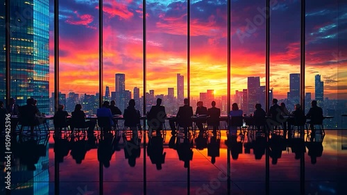 Cityscape meeting, business people, panoramic view, sunset meeting