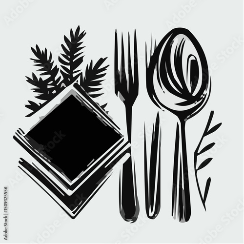 Serving icon with cutlery and napkin featuring botanical elements  